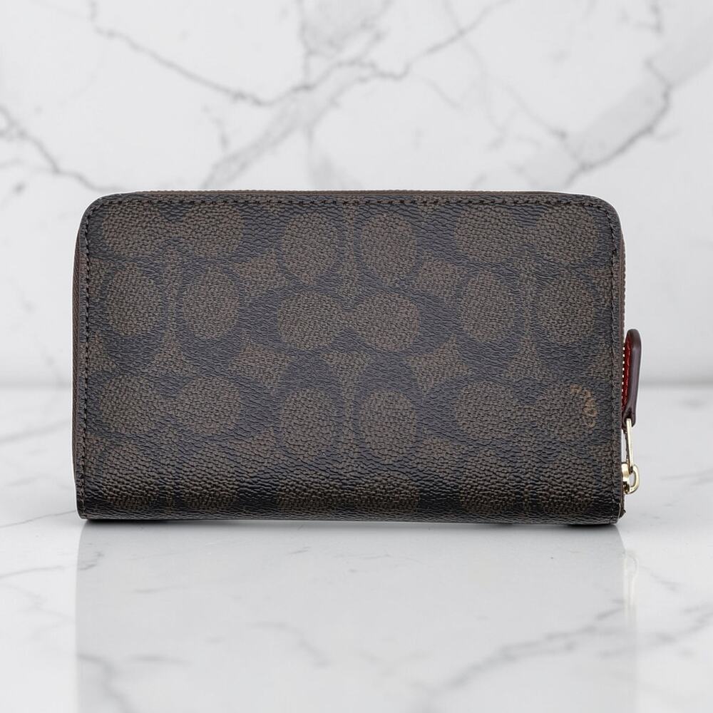 Coach Medium Id Zip Wallet In Signature Canvas in Walnut & Red Leather CW781 - Picture 2 of 3